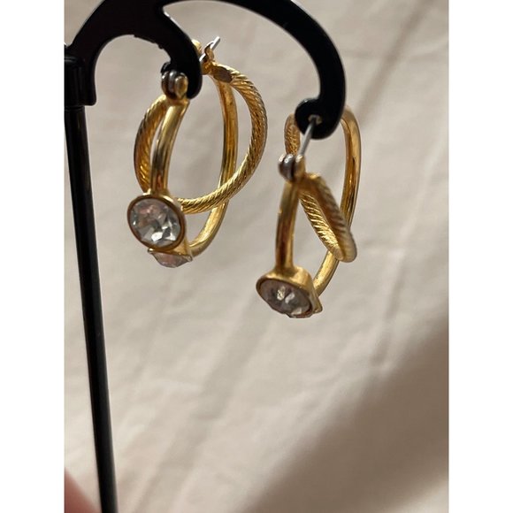 Vintage Double Hoop Vintage Look Gold / Silver Tone Rhinestone Pierced Earrings - Picture 3 of 12